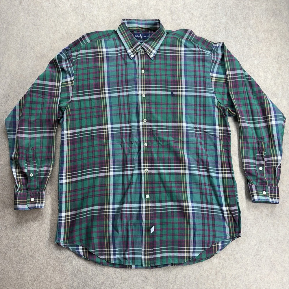 Ralph Lauren Button Down Long Sleeve Plaid 100% Cotton Men's Large Green Preppy